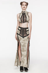 WomenDaily Sexy See-through Mesh Drawstring Rope Slit Gothic Personalized Long Skirt
